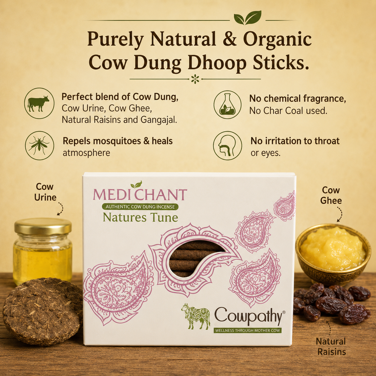 Cow Dung Incense Dhoop Stick Nature's Tune. No Bamboo